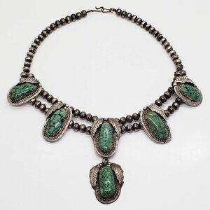 Southwestern Turquoise Station Sterling Silver Bead Collar Necklace 17"